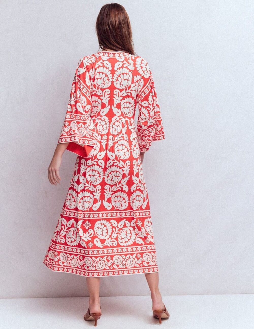 Boden Nell Kimono Midi Jersey Dress Bright Cherry, Ornate Floret Size 8 - Picture 2 of 12